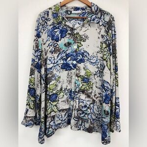 Habitat size Large Women’s Gray Blue Floral Boho Button Up Long Sleeve Top